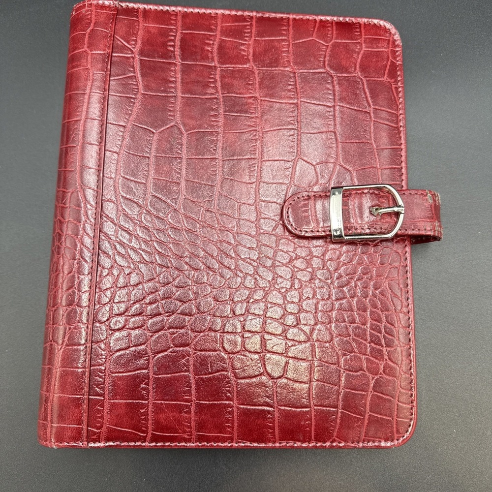 Vintage Day Timer Red Bonded Leather 7 Ring Planner w Some Inserts Strap Close